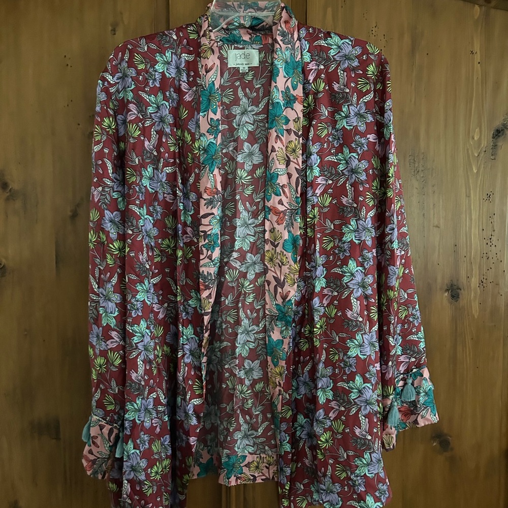 Johnny Was Burgundy Floral Satin Robe with Teal & Light Pink Accents